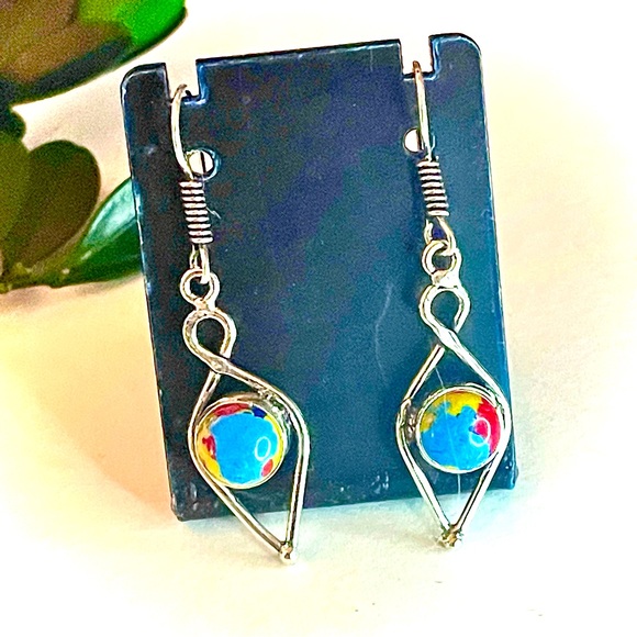 New Artisan Yellow Pink Blue Mosaic Jasper Sterling Silver Minimalist Earrings - Picture 3 of 11
